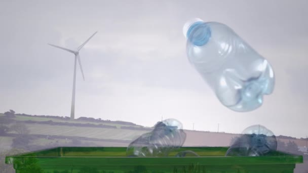 Animazione Scatola Con Bottiglie Plastica Turbina Eolica Ambiente Riciclaggio Energia — Video Stock