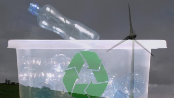 Animation Signe Recyclage Vert Sur Boîte Avec Des Bouteilles Plastique — Video