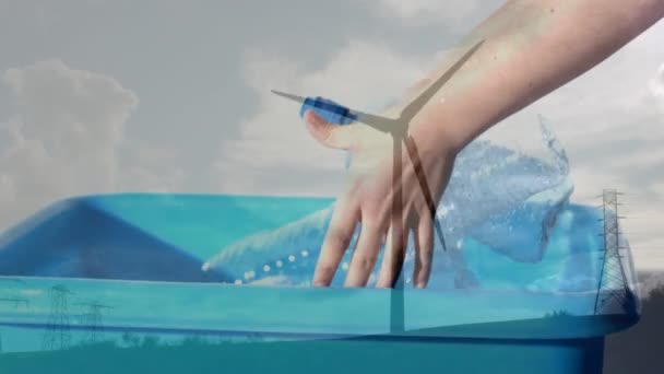 Animation Caucasian Woman Putting Plastic Bottles Box Wind Turbine Environment — Stock Video