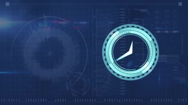 用不同的数据在蓝色背景上移动的时钟动画 全球业务 技术和数据处理概念数字生成的视频 — 图库视频影像