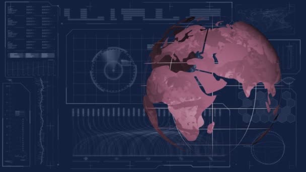 Çeşitli Verilerle Mavi Arkaplan Üzerinde Dönen Dünyanın Animasyonu Küresel Teknoloji — Stok video