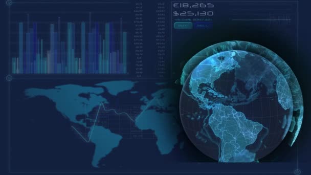 Animacja Globu Obracającego Się Niebieskim Tle Różnorodnymi Danymi Mapą Świata — Wideo stockowe