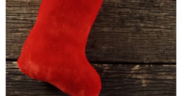 Κινούμενο Σχέδιο Κάλτσας Santa Ξύλινο Φόντο Χριστούγεννα Χριστούγεννα Χειμώνας Παράδοση — Αρχείο Βίντεο