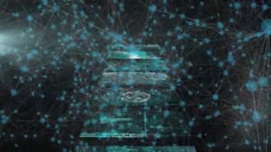 Siyah arkaplanda dijital ekranlarla bağlantı ağının animasyonu. küresel iş, finans, bağlantılar ve dijital arayüz konsepti dijital olarak oluşturulmuş video.