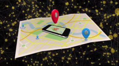 Siyah arkaplanda harita ve akıllı telefon ile bağlantı ağının animasyonu. küresel iş, finans, bağlantılar ve dijital arayüz konsepti dijital olarak oluşturulmuş video.