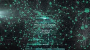 Siyah arkaplanda dijital ekranlarla bağlantı ağının animasyonu. küresel iş, finans, bağlantılar ve dijital arayüz konsepti dijital olarak oluşturulmuş video.