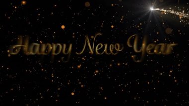 Mutlu yıllar metni ve kara zemine yağan karın animasyonu. Yeni yıl arifesi, kış, gelenek ve dijital olarak üretilen video konsepti.