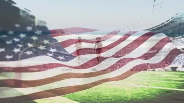Animation Stade Sportif Drapeau Américain Sur Couple Diversifié Plage Patriotisme — Video