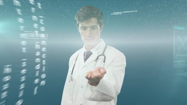 对高加索男医生的数据处理动画 Covid期间的全球医学和数字接口 — 图库视频影像