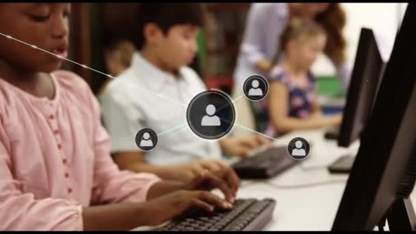 Animation Network Connections Icons Diverse Schoolchildren Using Computers School Education — Stock Video