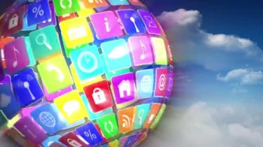 Gökyüzü ve bulutlar üzerinde dijital simgelerle oluşan dünyanın animasyonu. küresel bulut hesaplaması, bağlantılar ve dijital arayüz konsepti dijital olarak oluşturulmuş video.