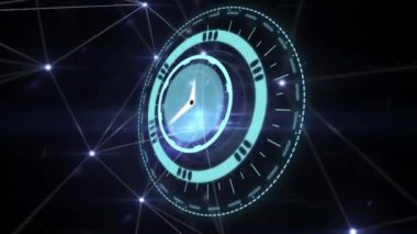Saatin animasyonu bağlantılar ağının üzerinden hızla geçiyor. küresel veri işleme ve dijital arayüz konsepti dijital olarak oluşturulmuş video.