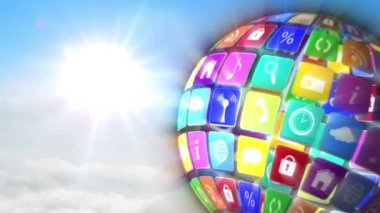 Gökyüzü ve bulutlar üzerinde dijital simgelerle oluşan dünyanın animasyonu. küresel bulut hesaplaması, bağlantılar ve dijital arayüz konsepti dijital olarak oluşturulmuş video.