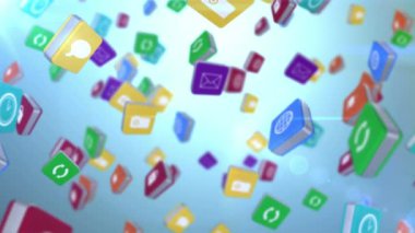 Mavi arka planda dijital simgelerin canlandırılması. küresel bulut hesaplaması, bağlantılar ve dijital arayüz konsepti dijital olarak oluşturulmuş video.