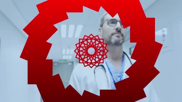 Animación Patrón Rojo Sobre Médico Varón Caucásico Hospital Medicina Tecnología — Vídeo de stock