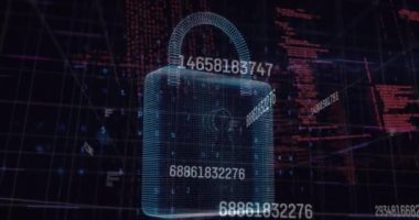 Donanmanın arka planında asma kilit ve veri işleme animasyonu. küresel iletişim ve veri güvenliği konsepti dijital olarak oluşturulmuş video.