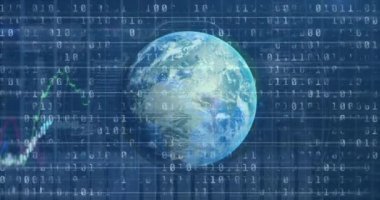 Mavi arka planda dönen dünya üzerindeki finansal veri ve grafiklerin animasyonu. küresel iş, finans, ekonomi, teknoloji ve dijital arayüz kavramı dijital olarak oluşturulmuş video.
