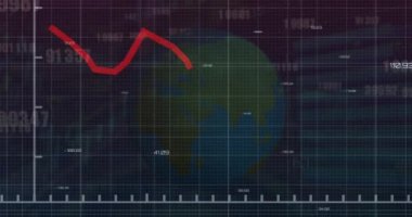 Finansal verilerin ve grafiklerin siyah arka planda dönen dünya üzerindeki animasyonu. küresel iş, finans, ekonomi, teknoloji ve dijital arayüz kavramı dijital olarak oluşturulmuş video.