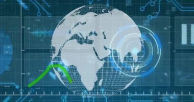 Finansal veri ve grafiklerin yeşil arka planda dönen dünya üzerinde animasyonu. küresel iş, finans, ekonomi, teknoloji ve dijital arayüz kavramı dijital olarak oluşturulmuş video.