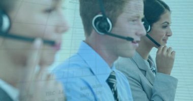 Animation of caucasian female and male consultants with headphones working in office. global business, finance, economy and technology concept digitally generated video.