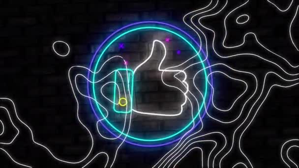 Анімація Неонового Кола Піктограмою Руки Над Ієрогліфами Рухаються Чорному Тлі — стокове відео