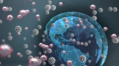 Dünya üzerinde düşen covid 19 hücrenin animasyonu. küresel covid 19 salgın konsepti dijital olarak oluşturulmuş video.