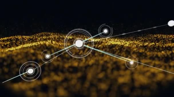 黒い背景に黄色の波の上の接続のネットワークのアニメーション 世界規模の接続 ビジネス デジタルインターフェース テクノロジー ネットワーキングの概念デジタルで生成されたビデオ — ストック動画