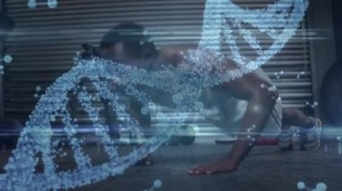 Veri işleme ve güçlü adamı çalıştırma üzerinde dönen DNA ipliklerinin animasyonu. küresel bağlantılar, refah, zindelik ve sağlıklı yaşam tarzı konsepti dijital olarak oluşturulmuş video.