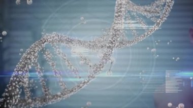 Veri işleme ve güçlü adamı çalıştırma üzerinde dönen DNA ipliklerinin animasyonu. küresel bağlantılar, refah, zindelik ve sağlıklı yaşam tarzı konsepti dijital olarak oluşturulmuş video.