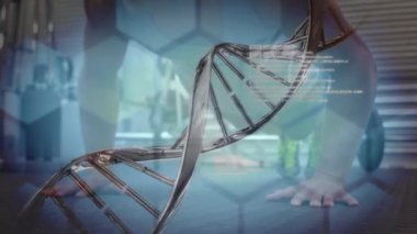 Veri işleme ve güçlü adamı çalıştırma üzerinde dönen DNA ipliklerinin animasyonu. küresel bağlantılar, refah, zindelik ve sağlıklı yaşam tarzı konsepti dijital olarak oluşturulmuş video.