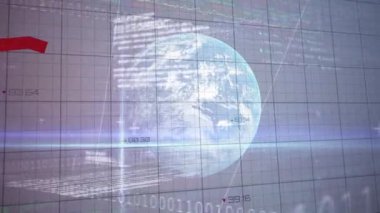 Küresel ve ızgaradaki kırmızı çizgilerle finansal veri işleme animasyonu. küresel iş, finans ve veri işleme kavramı dijital olarak oluşturulmuş video.