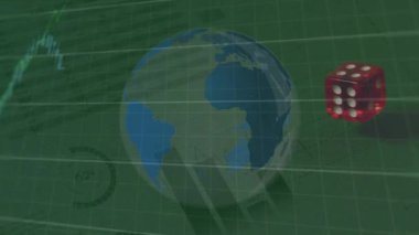 Küresel ve kırmızı zarlarda finansal veri işleme animasyonu. küresel iş, kumar, finans ve veri işleme kavramı dijital olarak oluşturulmuş video.