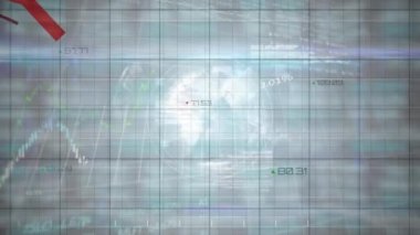 Küresel ve ızgaradaki kırmızı çizgilerle finansal veri işleme animasyonu. küresel iş, finans ve veri işleme kavramı dijital olarak oluşturulmuş video.