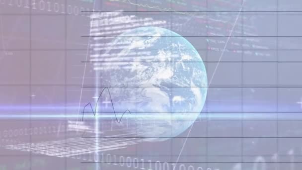 世界中の金融データ処理とグリッドのアニメーション グローバルビジネス財務データ処理コンセプトデジタルで生成されたビデオ — ストック動画
