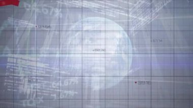 Kırmızı çizgiler, dünya ve ızgara üzerinden finansal veri işleme animasyonu. küresel iş, finans ve veri işleme kavramı dijital olarak oluşturulmuş video.