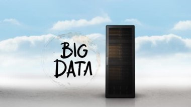 Bulutların üzerinde büyük veri metni, küre, bulut ve bilgisayar sunucusu animasyonu. küresel bulut hesaplama, iş, veri işleme ve dijital arayüz kavramı dijital olarak oluşturulmuş video.