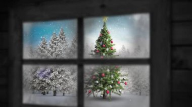 Noel ağacının üzerine düşen kar animasyonu ve pencereden görülen kış manzarası. Noel, gelenek ve kutlama konsepti dijital olarak oluşturuldu.