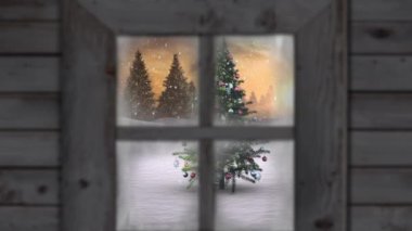 Noel ağacının üzerine düşen kar animasyonu ve pencereden görülen kış manzarası. Noel, gelenek ve kutlama konsepti dijital olarak oluşturuldu.