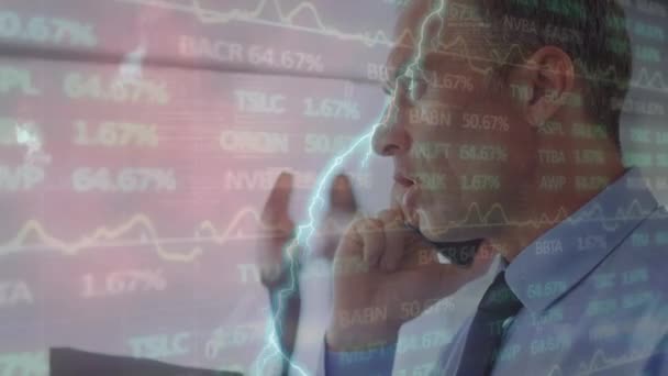 Animation Financial Data Processing Lightning Caucasian Businessman Using Smartphone Business — Vídeos de Stock