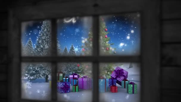 Noel Yağan Karların Animasyonu Selamlar Hediyeler Pencereden Görünen Ağaç Kış — Stok video