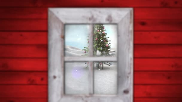 Animation Snow Falling Christmas Tree Winter Scenery Seen Window Christmas — Stock Video