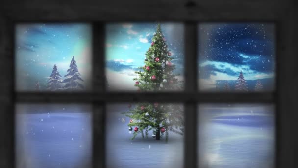Анімація Снігу Падає Над Ялинкою Зимовими Пейзажами Видно Крізь Вікно — стокове відео
