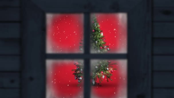 Анімація Снігу Падає Над Ялинкою Зимовими Пейзажами Видно Крізь Вікно — стокове відео