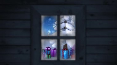 Noel ağacının üzerine düşen kar animasyonu ve pencereden görülen kış manzarasında hediyeler. Noel, gelenek ve kutlama konsepti dijital olarak oluşturuldu.