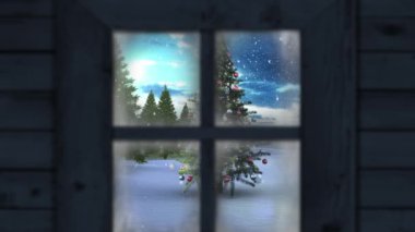 Noel ağacının üzerine düşen kar animasyonu ve pencereden görülen kış manzarası. Noel, gelenek ve kutlama konsepti dijital olarak oluşturuldu.