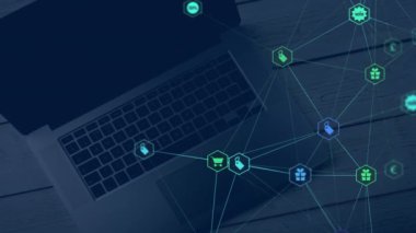 Dijital simgeler ve dizüstü bilgisayarlarla bağlantılı dünyanın animasyonu. küresel bağlantılar, ağlar ve dijital arayüz konsepti dijital olarak oluşturulmuş video.