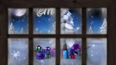 Noel 'de yağan karların animasyonu. Kutlamalar, hediyeler ve pencereden görülen kış manzarası. Noel, gelenek ve kutlama konsepti dijital olarak oluşturuldu.