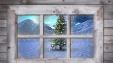 Noel ağacının üzerine düşen kar animasyonu ve pencereden görülen kış manzarası. Noel, gelenek ve kutlama konsepti dijital olarak oluşturuldu.