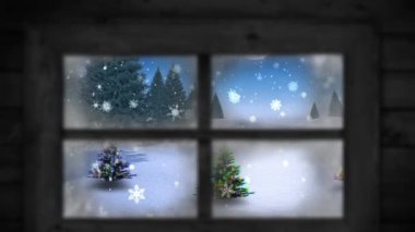 Yılbaşı ağaçlarının üzerine düşen karların animasyonu ve pencereden görülen kış manzarası. Noel, gelenek ve kutlama konsepti dijital olarak oluşturuldu.