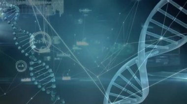 Mavi arka planda bilimsel veri işleme üzerinde dönen DNA iplikçiklerinin animasyonu. küresel bilim, veri işleme ve dijital arayüz kavramı dijital olarak oluşturulmuş video.
